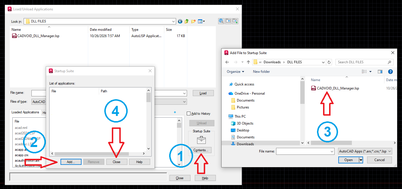 AutoCAD APPLOAD Startup Suite and Contents button