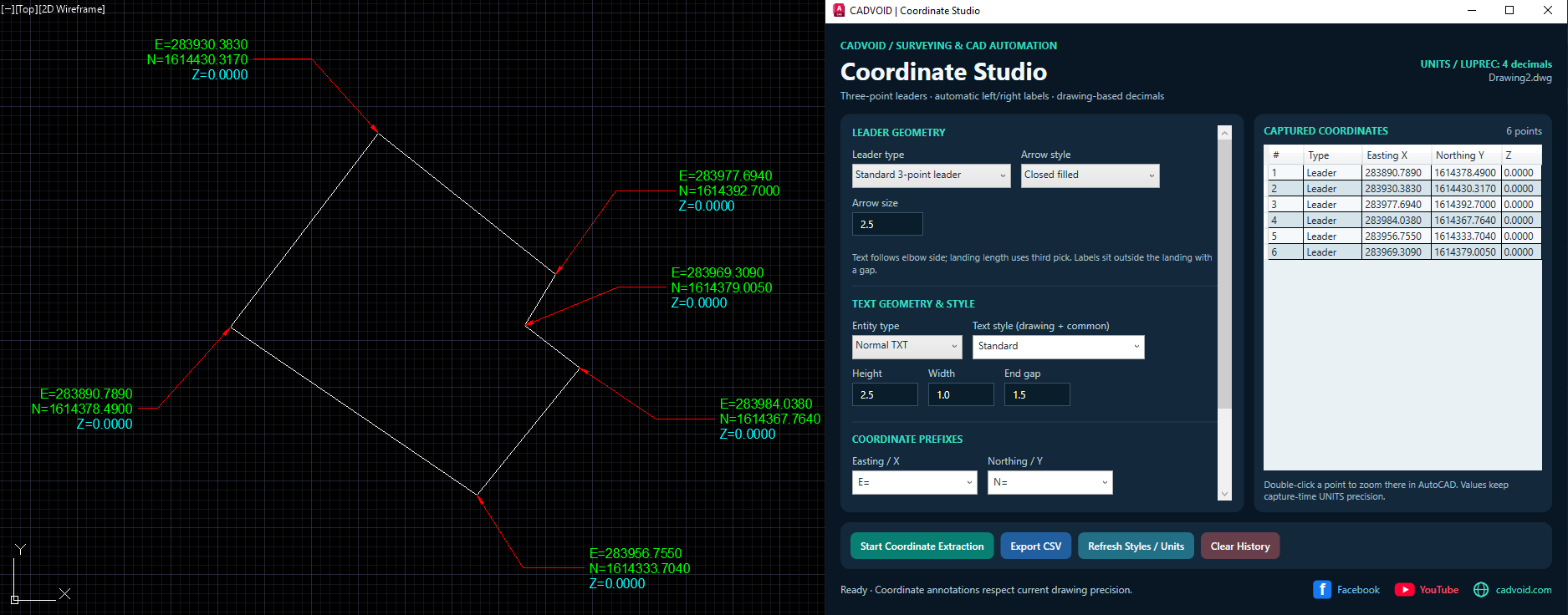 Actual interface screenshot of CADVOID Coordinate Studio