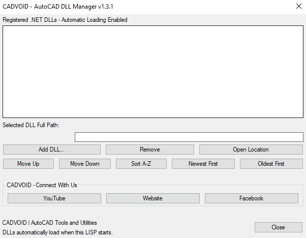 CADVOID DLL Manager interface showing registered DLL files